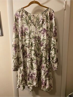 H&M Cream Midi Dress with Purple Floral & Green Leaf Print